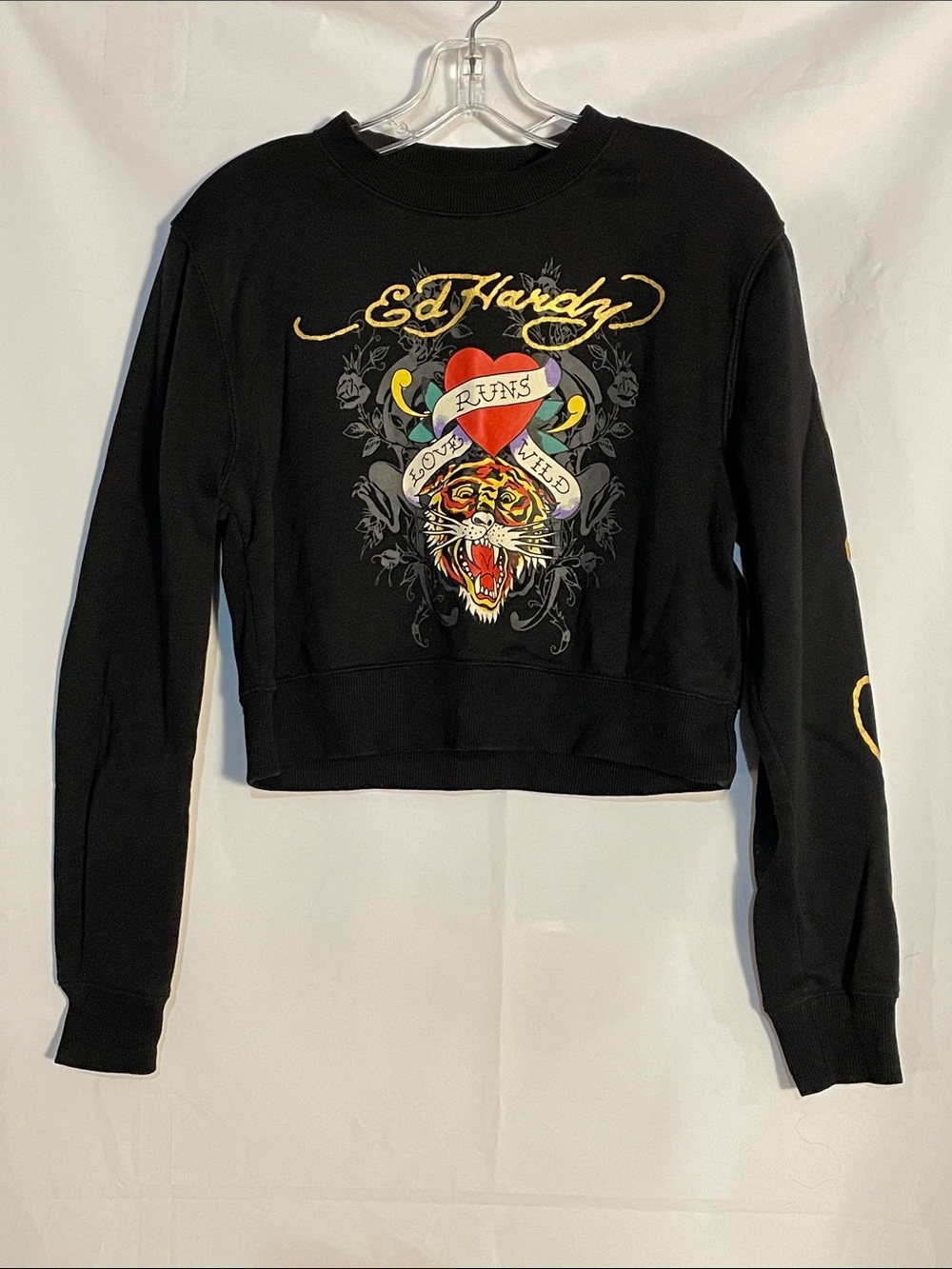 Ed Hardy Black Cropped Sweatshirt with Tiger Heart Graphic, size S